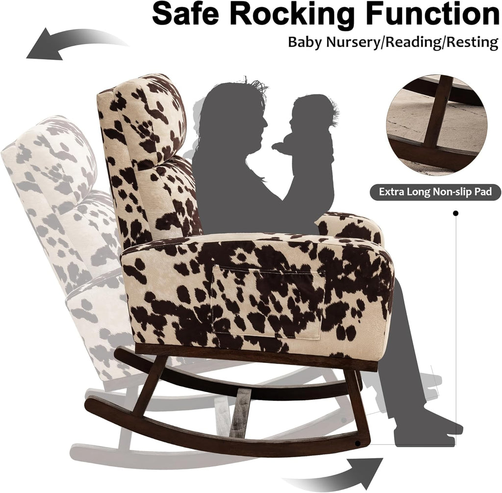 Nursery Rocking Chairs, Cow Printed Fabric Glider Chair Nursery Chair for Mom with High Backrest, Side Pocket and