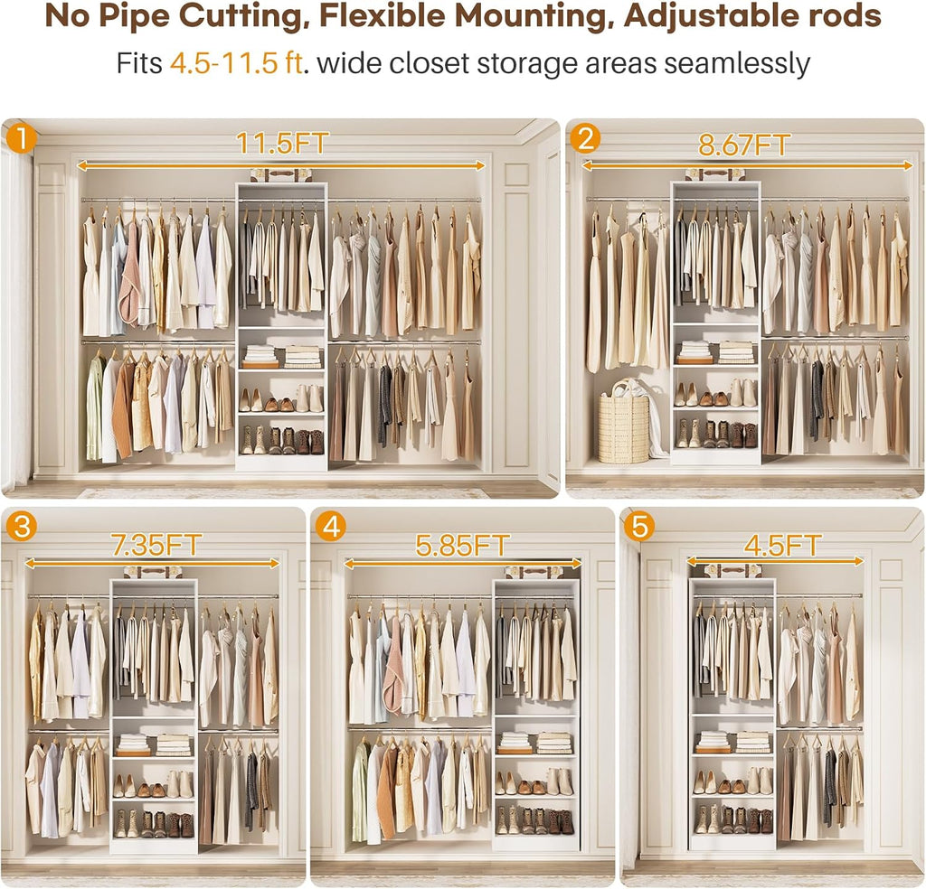 Closet System, 4.5-11.5 Ft Expandable Closet Organizer, White | 5 Hanging Rods, Walk-in Wood Closet Organizer System