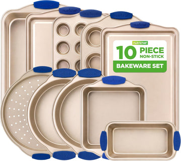 Kitchen Oven Pans - Deluxe Nonstick Gold Coating Inside & Outside Carbon Steel Bakeware Set With Blue Silicone