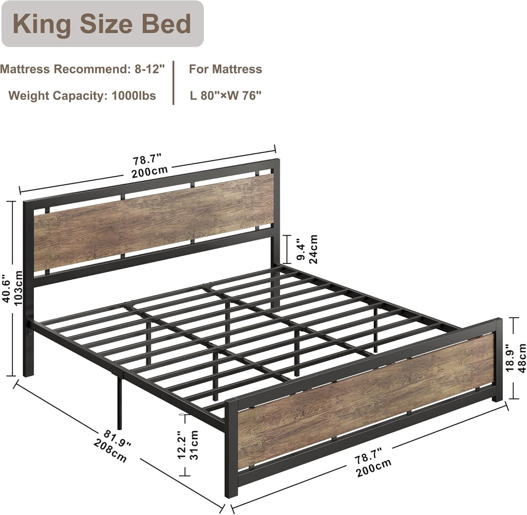 King Bed Frame with Headboard and Footboard, Metal Strong Supports, Easy Assembly, Noise-Free, No Box Spring Needed