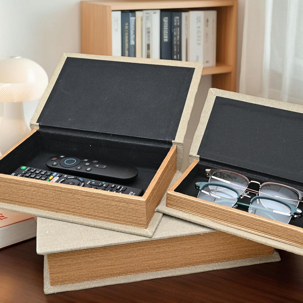 Set of 3 Linen Decorative Book Boxes with Hidden Storage - Modern Neutral Linen Fabric Faux Books for Shelf Decor
