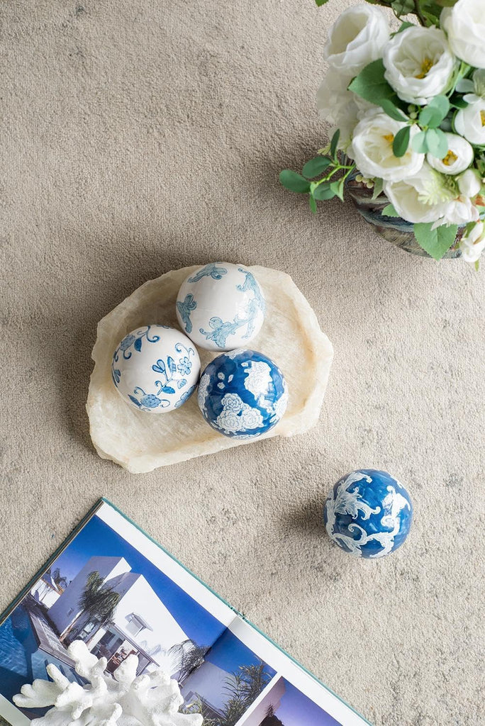 Set of 4 Ceramic Decorative Spheres - Handcrafted Blue and White Coastal Floral Orbs Decor, Tabletop Accent, Shelf