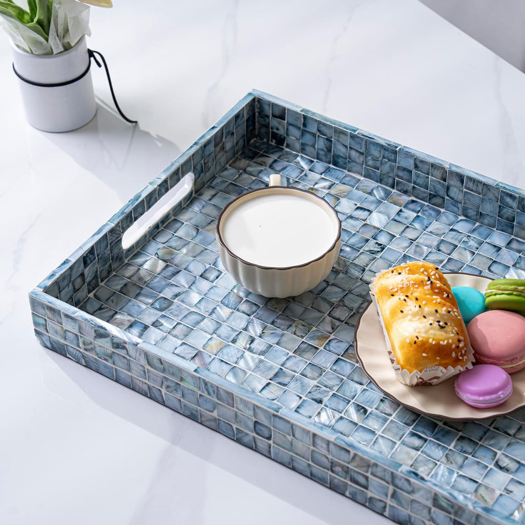 Rectangular Mother of Pearl Serving Tray Nacre Wood Lap Ottoman Tray for Coffee Table, Luxury Decorative Eating