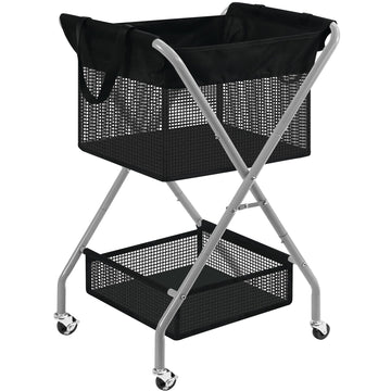 2-Tier Foldable Laundry Cart with Wheels, 75L Tall Rolling Laundry Hamper, Collapsible Laundry Basket with Removable