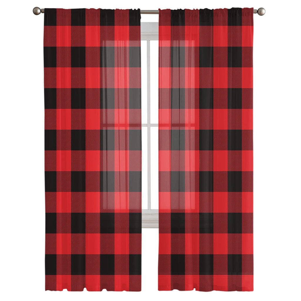 Red Sheer Curtains 108 Inch Length 2 Panels Set, Red and Black Buffalo Plaid Semi Transparent Voile Rod Pocket