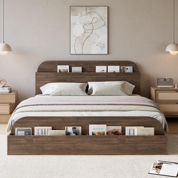 Queen Size Bed Frame, Floor Low Platform Bed, Walnut