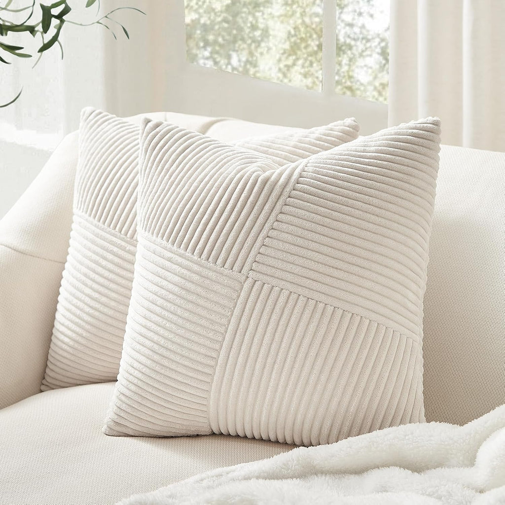 Cream White Decorative Neutral Throw Pillow Covers 18x18 Inch, Soft Corduroy Striped Patchwork Windmill Textured
