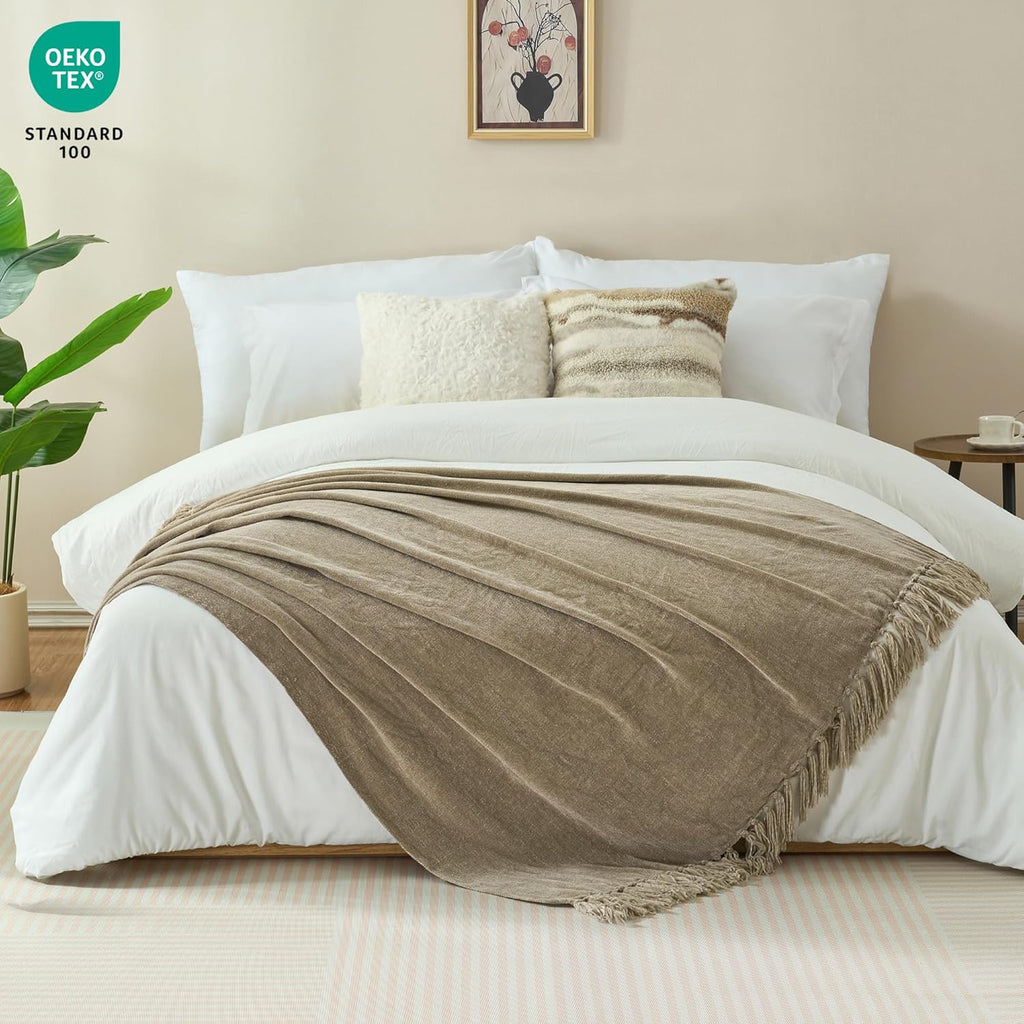 Chenille Throw Blanket,50"X60" Soft Cozy Lightweight Knitted Boho Decorative Blankets,Taupe