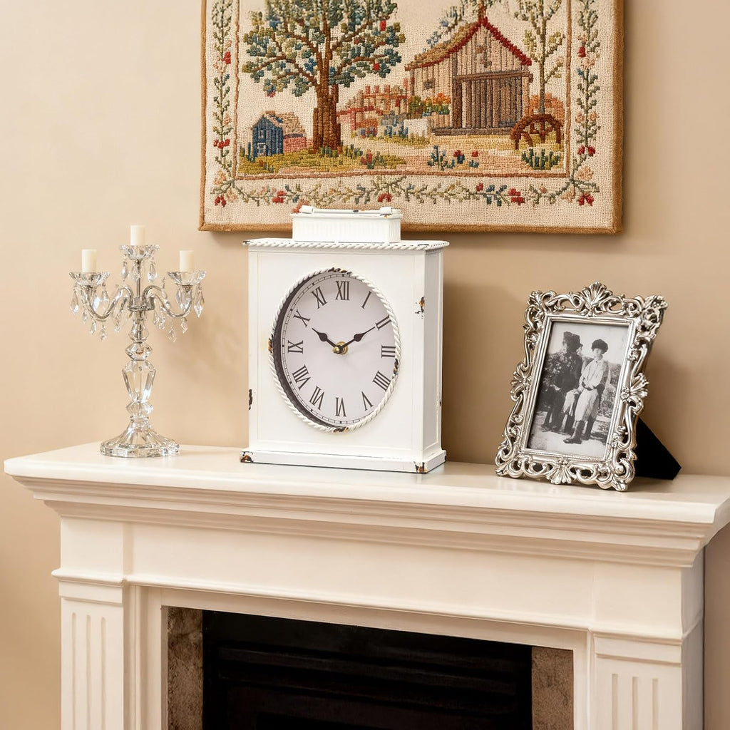 MODE HOME Vintage Mantel Clock, Large Rustic Distressed Metal Table Clock with Handle