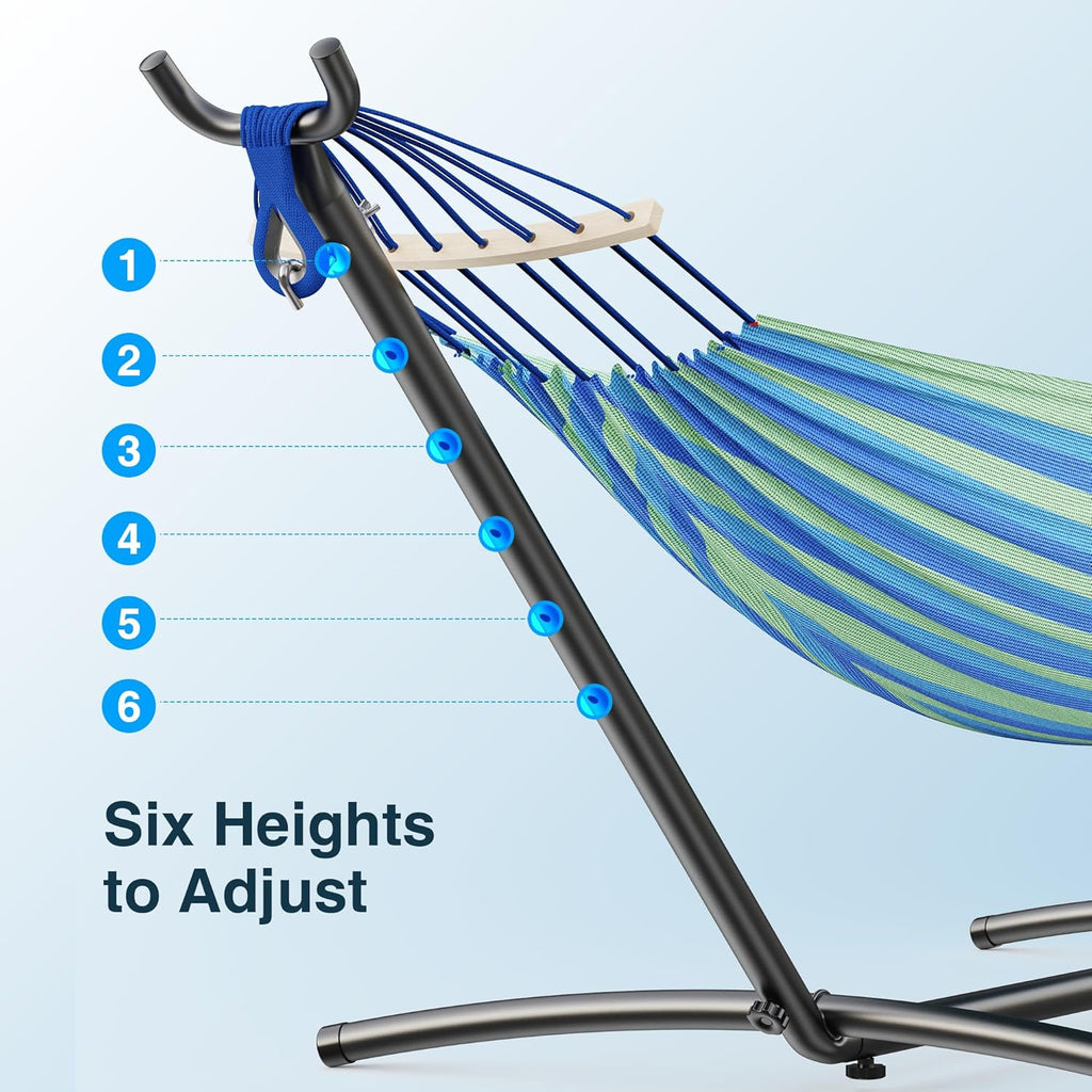 Double Hammock with Stand, 2 Person Hammock with Anti-Rollover Spreader Bar, Adjustable Height Heavy Duty Steel