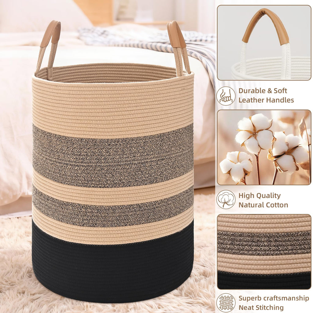 Large Laundry Basket, Laundry Hamper with Leather Handles, 90L Woven Dirty Clothes Hamper, Rope Hampers, Barthroom