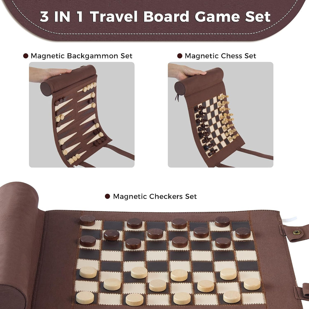Magnetic Chess Checkers Backgammon Set, 3 in 1 Magnetic Chess Game for Adult, Roll-up Portable Suede Board Game