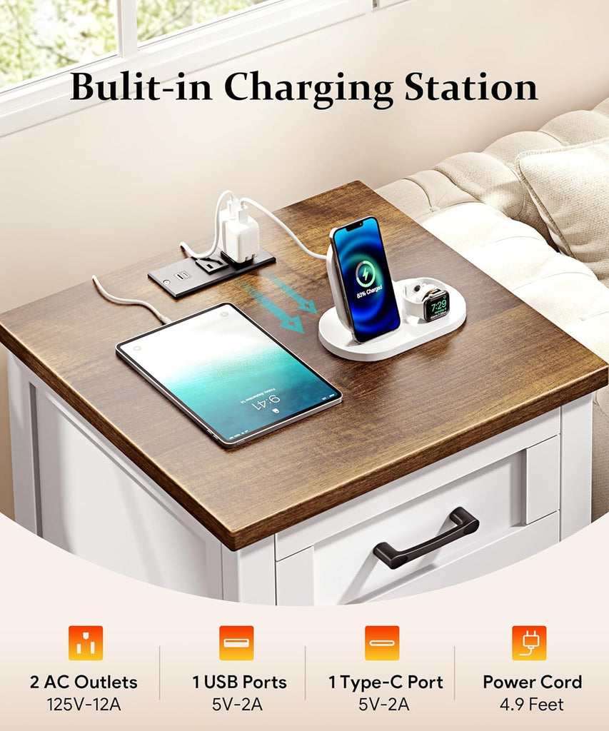 Farmhouse Nightstand with Charging Station & Large Storage, Set of 2 Modern End Tables with Outlets, USB Ports and