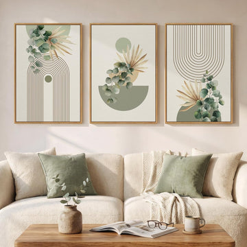 Framed Green Boho Wall Art , 3 Piece Bohemian Botanical Canvas Painting Prints, Modern Geometric Eucalyptus Leaf
