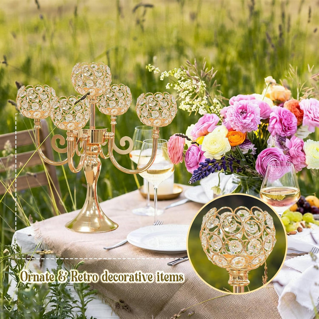 5 Arm Metal Crystal Candelabra Centerpiece - 13.4 Inch Elegant Candle Holder with Crystal Beadsable Decoration (2, Gold)