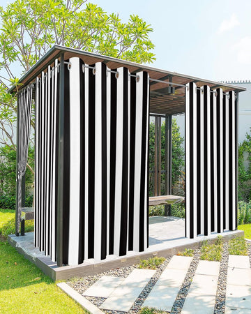 Outdoor Curtains (Set of 2 Panels) Waterproof Black and White Stripe Indoor/Outdoor Curtain Tiebacks Simple Style Privacy Curtain Sun