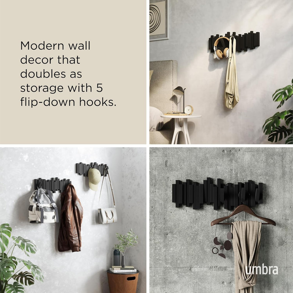 Sticks Wall-Mounted Coat Rack Rail Hook with 5 Retractable Pegs - Modern, Space-Saving Storage Organizer, Black