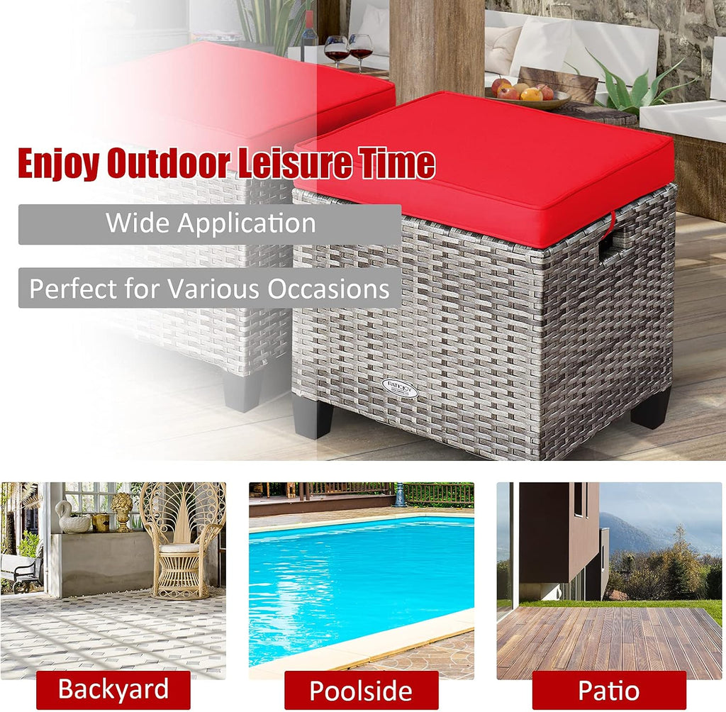 Patio Ottoman Set of 2, Outdoor Rattan Wicker Ottoman Seat with Removable Cushions, Patio Furniture Footstool