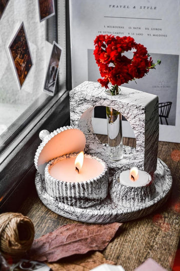 5 Piece Marble Pattern Decorative Concrete Vase & Vanilla Scented Soy Wax Candle Holder Set with Tray - Square Vase