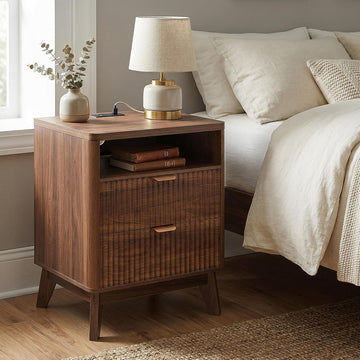 Fluted Nightstand with Charging Station, 19.7 inch Wide End Table with 2 Drawers, Modern Wood Bedside Table ,Brown,1