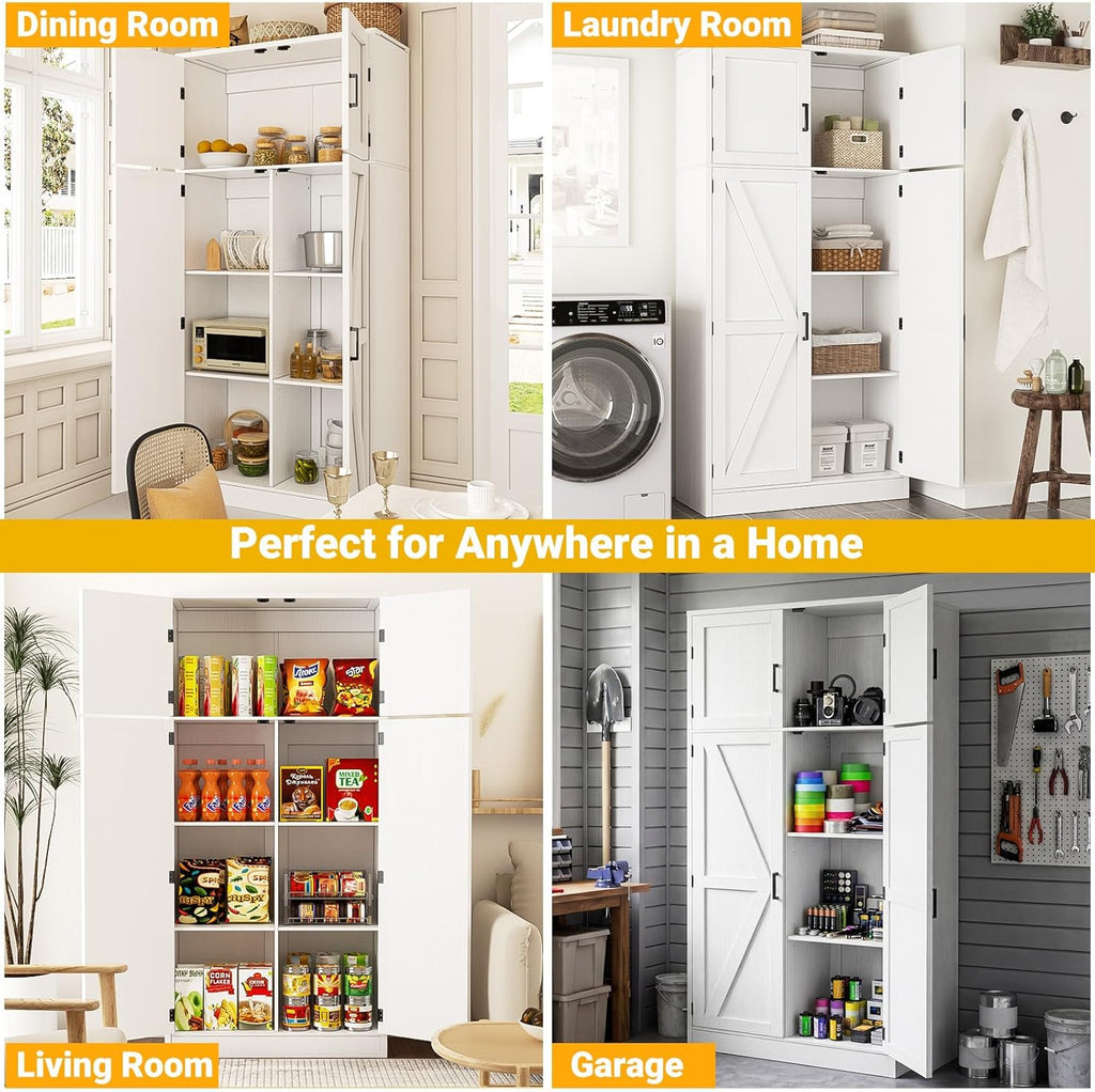 71" Tall Kitchen Pantry Storage Cabinet with Adjustable Shelves | Large Farmhouse Storage Cupboard, Barn Doors
