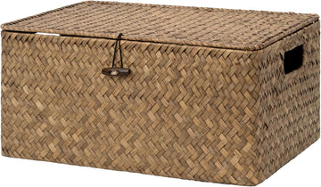 Wicker Baskets with Lid for Organizing, Seagrass Storage Baskets for Shelves, Decorative Box with Built-in Handles