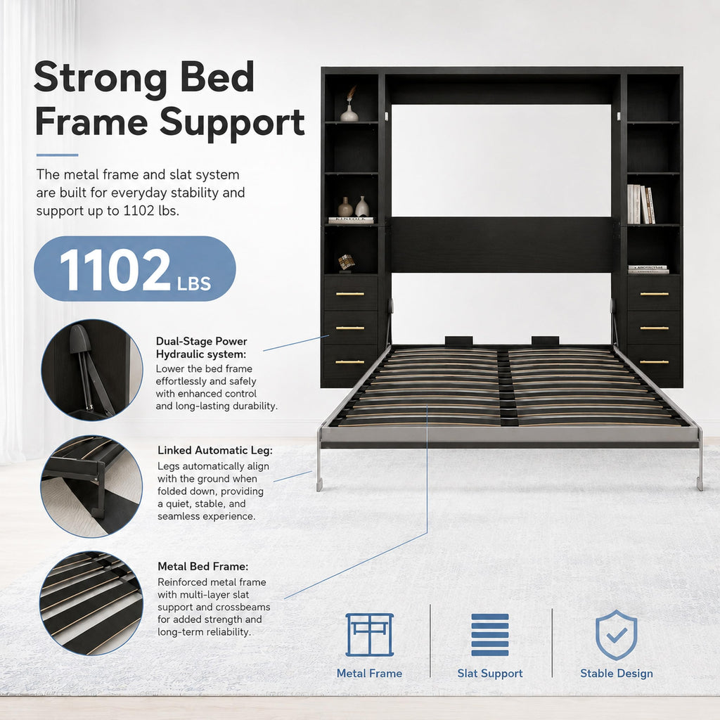 Queen Murphy Bed with Storage, Integrated Desk, Side Cabinets and Drawers
