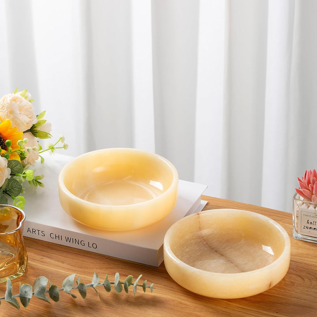 Natural Topazite Decorative Bowl Decor, 6.29Inch Marble Stone Catchall Bowl for Coffee Table Centerpiece, Key, Fruit