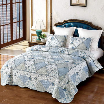 Blue Floral Patchwork Quilt Set, 3 Piece Bedding Set with 2 Pillowcases
