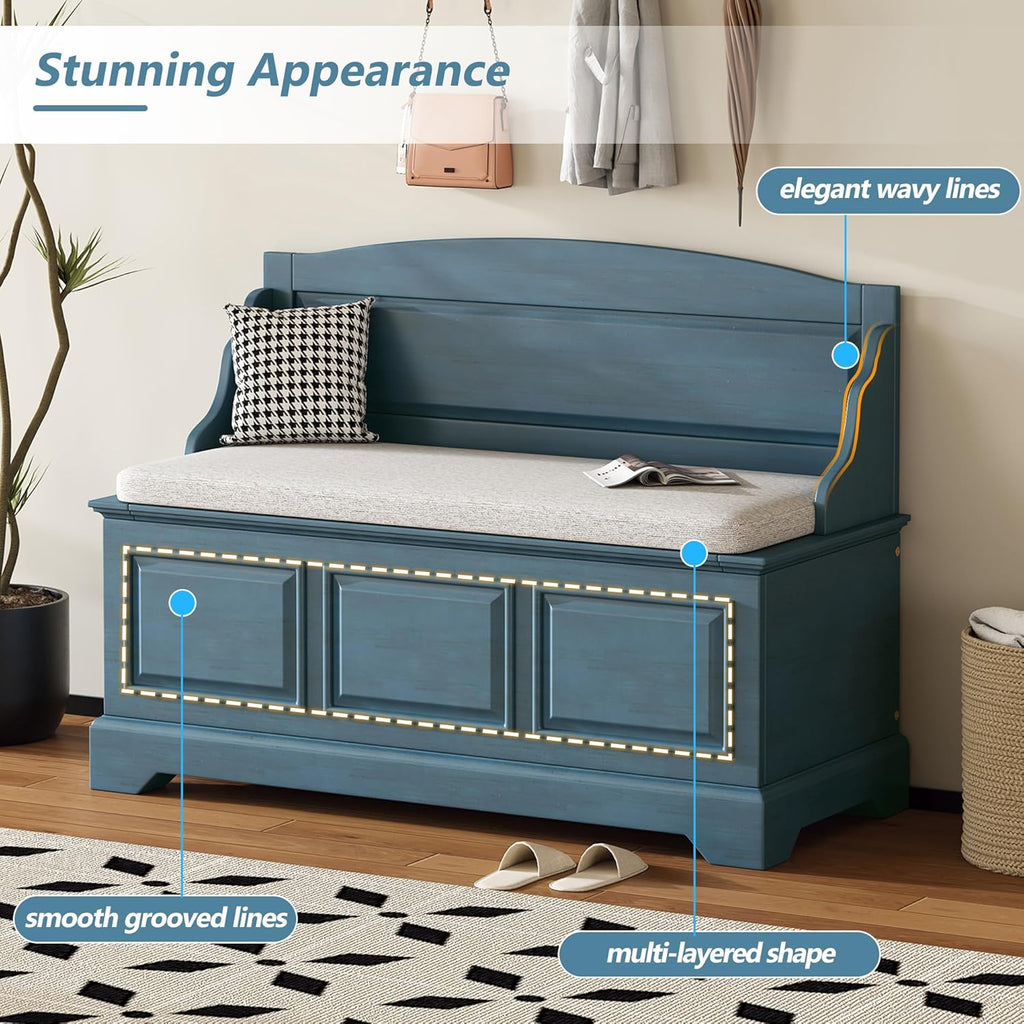 Rustic Entry Storage Bench with Hidden Compartments and Removable Cushion, Wooden Entryway Hallway Foyer Shoe Bench
