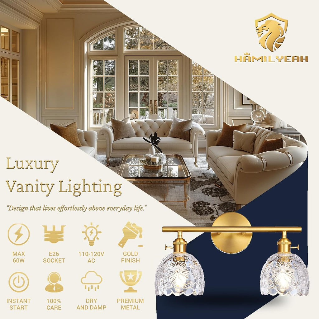 2-Light Bathroom Vanity Light Over Mirror, Brushed Gold Wall Sconce with Clear Floral Glass Shades, Modern Bathroom