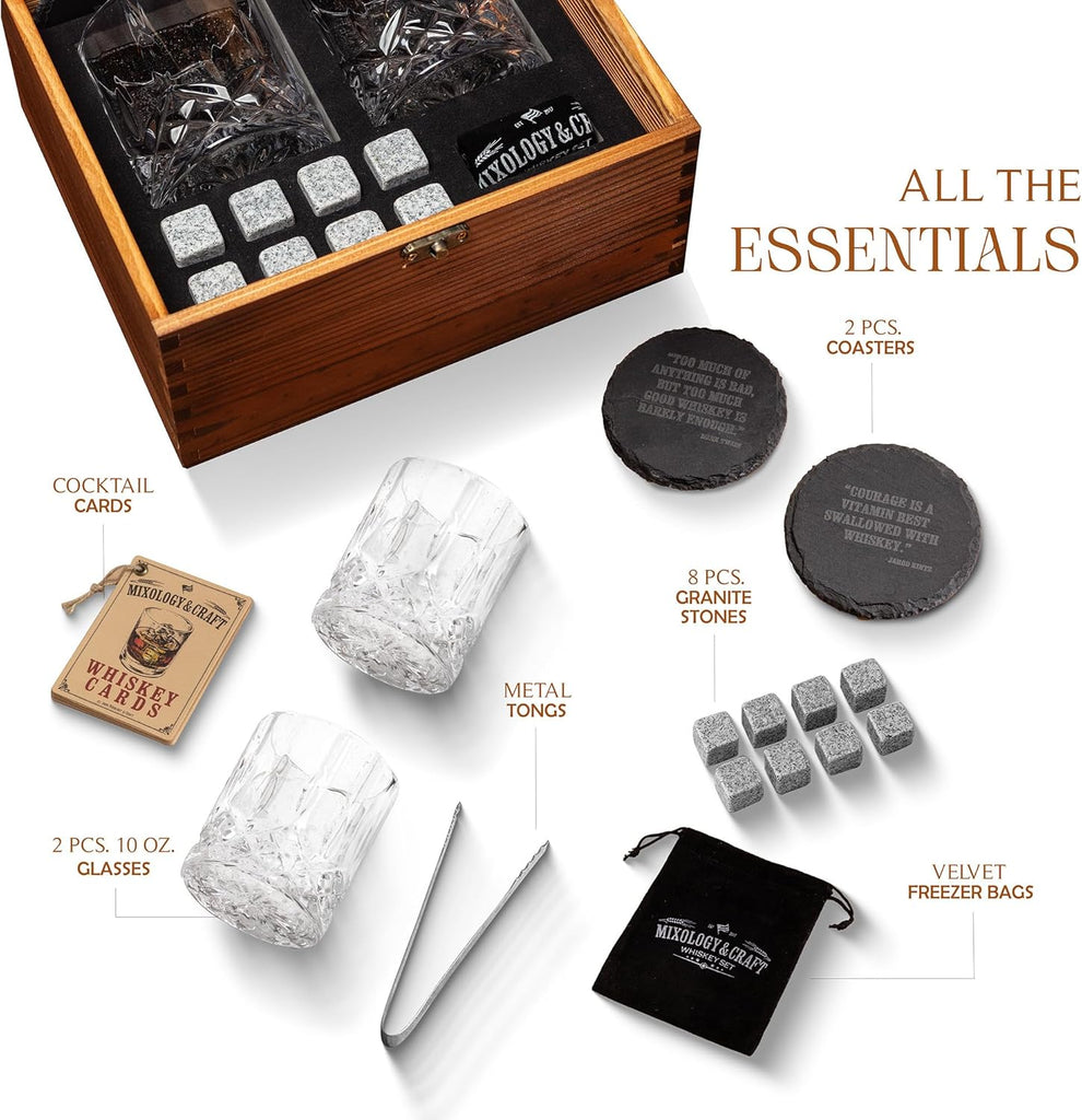 Whiskey Stones Gift Set: with Two 10oz Lead-Free Crystal Whiskey Glasses, 8 Whiskey Stones with Velvet Bag, 2 Slate