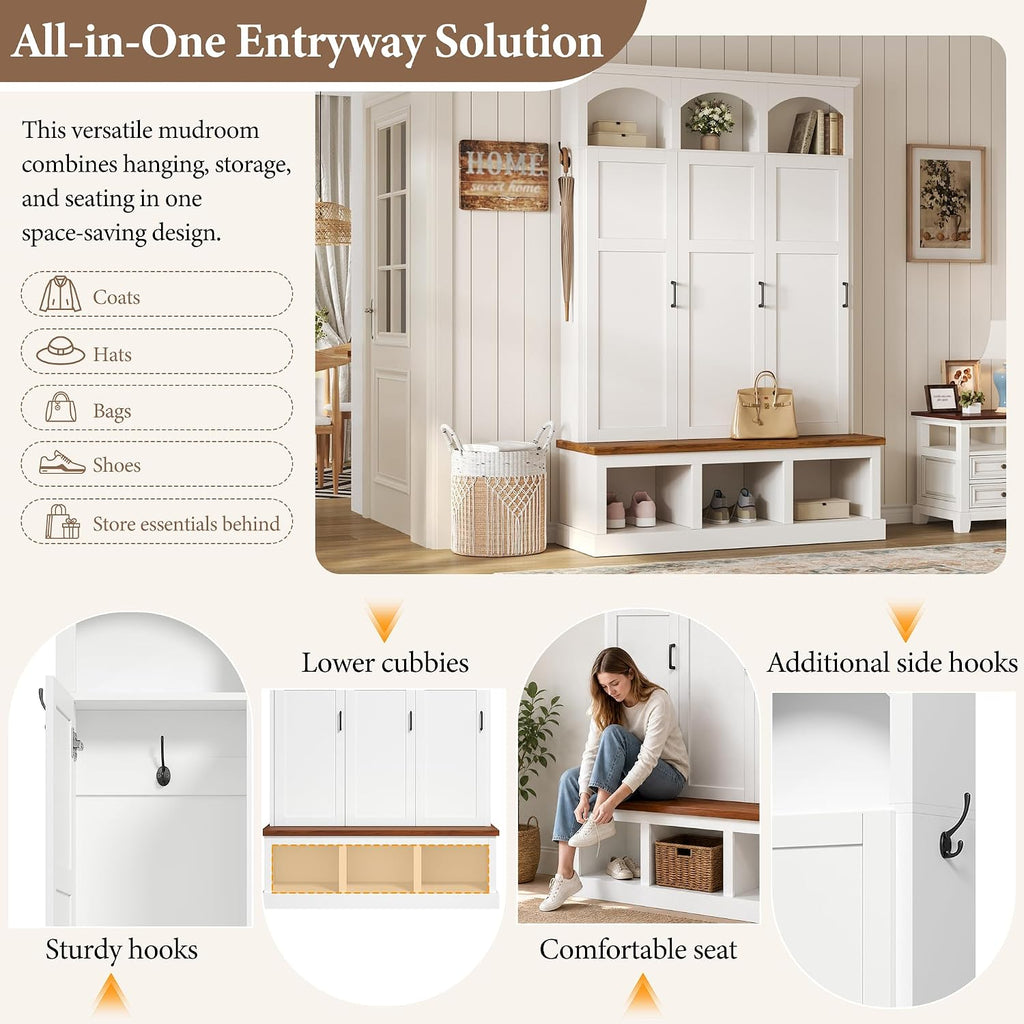 Classic Arched Hall Tree with 3 Hidden Storage, Farmhouse Mudroom Bench with 5 Hooks, Mid-Century Entryway Organizer