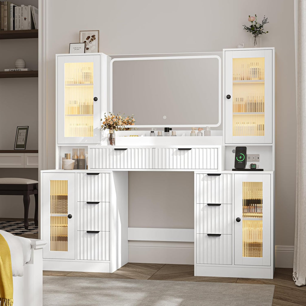 Fluted Makeup Vanity Desk with Mirror and Lights, 55" Glass Top Vanity with 8 Drawers & 4 RGB Glass Cabinets