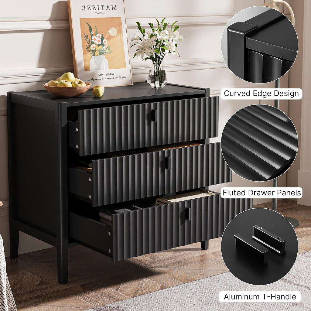 Black 5 Drawer Dresser, Modern Tall Dresser , Fluted Wood Chest of Drawers with Deep Drawers for Clothes, Storage