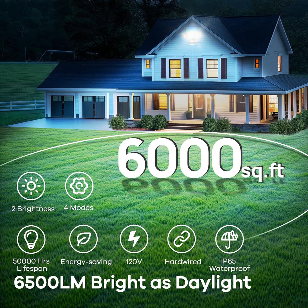 42W 6500LM Motion Sensor Outdoor Flood Light, Hardwired LED Security Light, 4 Lighting Modes, Dual PIR 240°