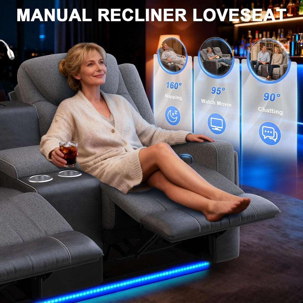 Manual Loveseat Recliner Sofa, Home Theater Seating with Touch Reading Light, Console with Cup Holders & Storage