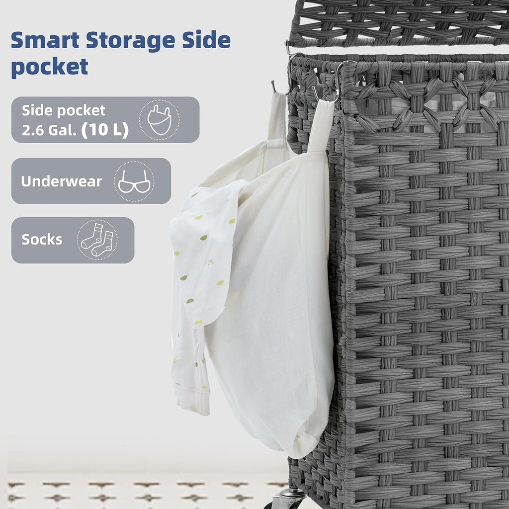 Laundry Hamper with Lid, 160L Rattan Wicker Laundry Basket with Wheels, Handwoven Laundry Hamper 2-Section with