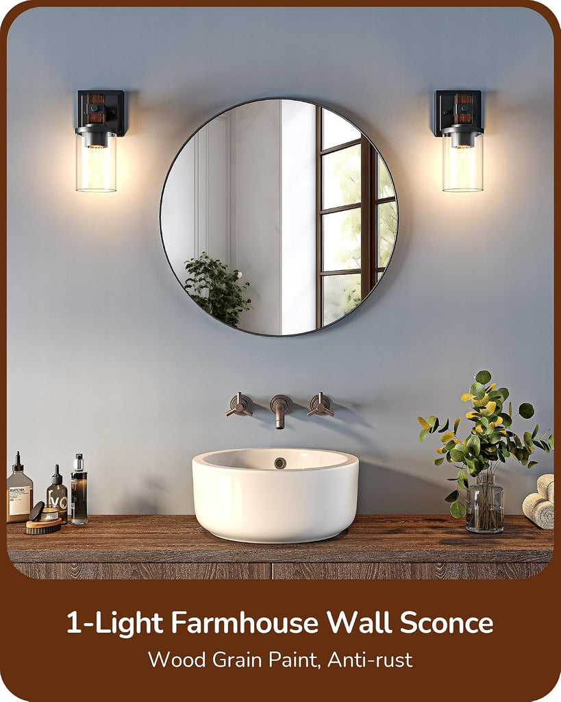 Wall Sconces Set of 2, Farmhouse Vanity Light Fixtures with Clear Glass Shade & Dark Brown Wood Grain Paint, 1-Light