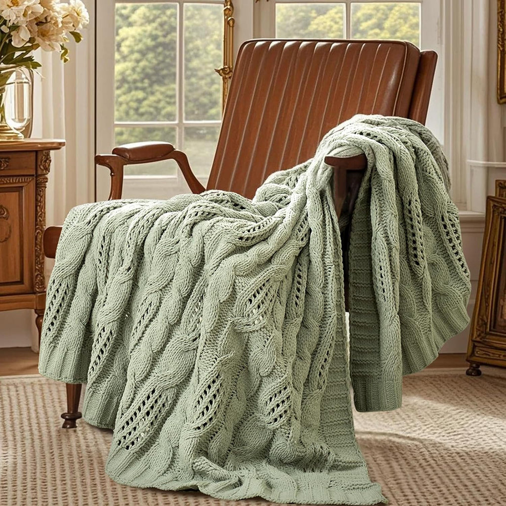 Chunky Knit Throw Blanket, Dual-Sided Soft Chenille Breathable Cable Knitted Blanket, Farmhouse Decorative Throw