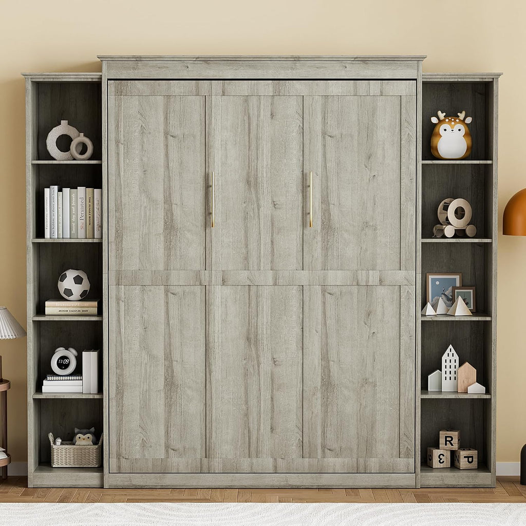 Queen Murphy Bed with 2 Storage Cabinet, Farmhouse Wood Hidden Foldable Wall Bed Frame, Space Saving Beds with