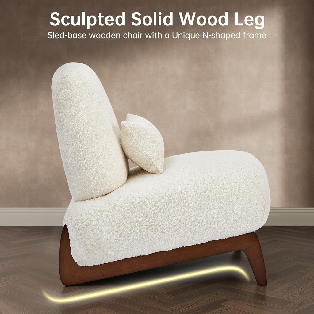 Boucle Chair, Upholstered Accent Chair Tilted Wooden Leg with Durable Comfy Boucle Pet-Friendly Thick Cushion &