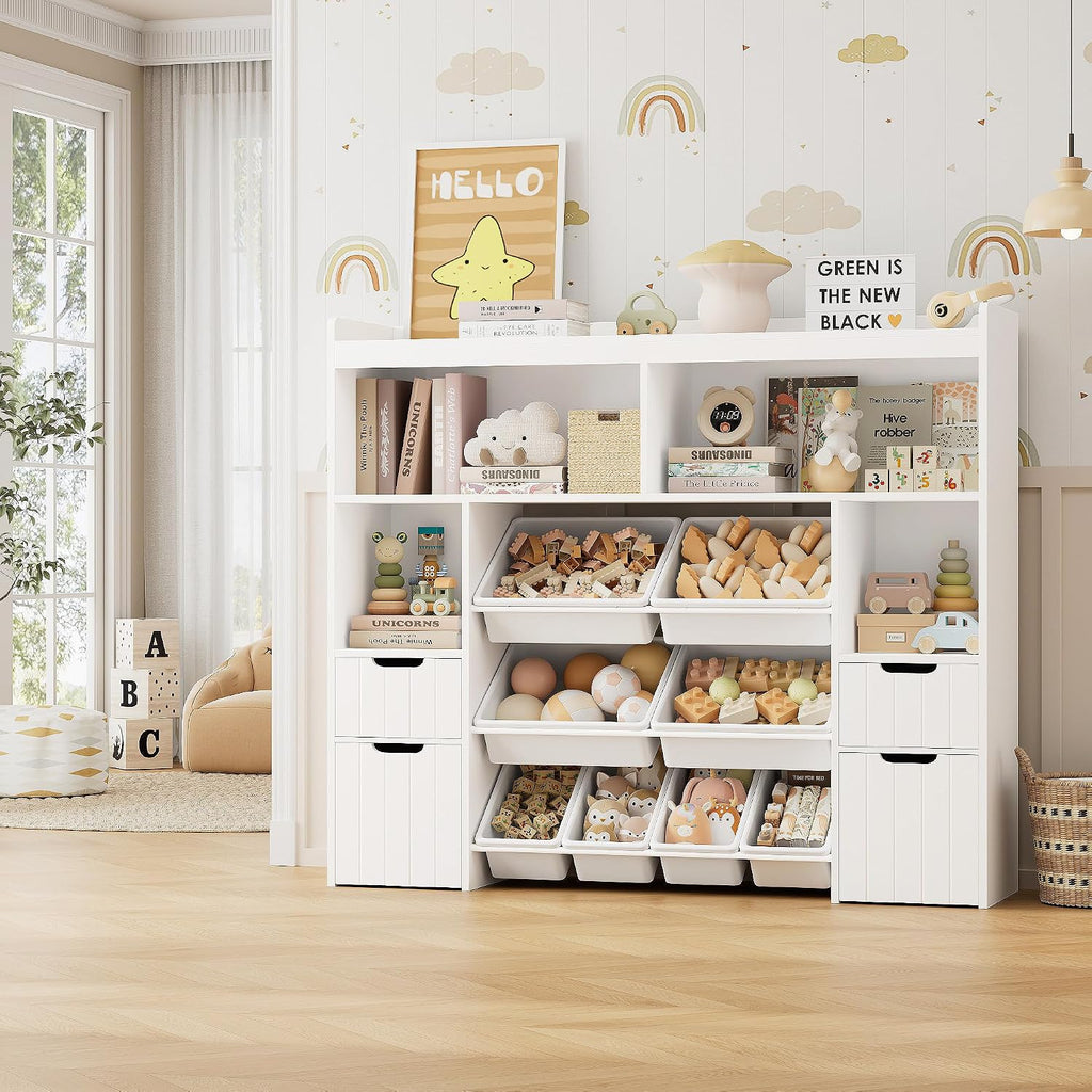 55" W Toy Storage Organizer, Large Kids Bookshelf, Toy Box, White | 8 Plastic Storage Bins / 2 Removable Toy Storage