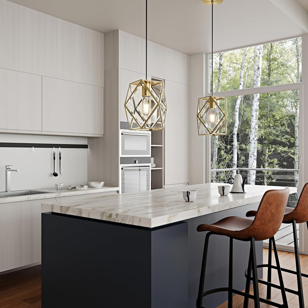 1-Light Modern Geometric Glass Pendant Light, Caged Hanging Light, Gold | Open Bottom Design, Stable Metal Frame
