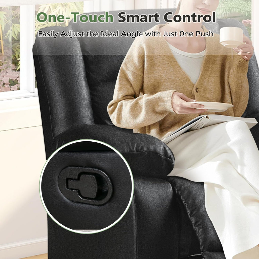Black Recliner Chair with Overstuffed Arm and Back, Breathable Faux Leather Manual Reclining Chairs, Living Room