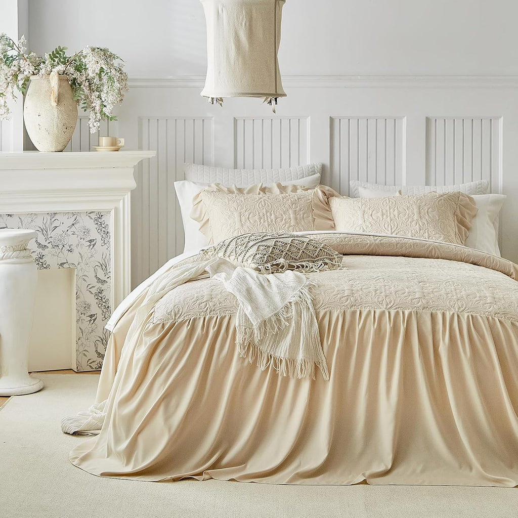 Ruffle Skirt Bedspread Set Floral Design - 30" Long Drop Vintage Cream Chic Ruffled Summer Coverlet Bed Quilt Boho