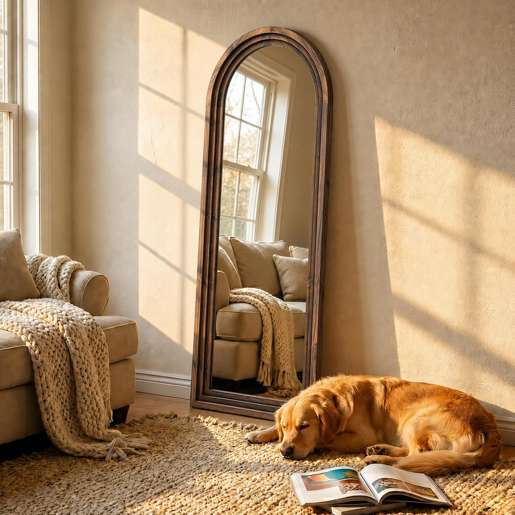 Arched Wood Floor Mirror with Stand, 63" x 21" Rustic Walnut Triple-Layer Solid Wood Frame Full Length Body