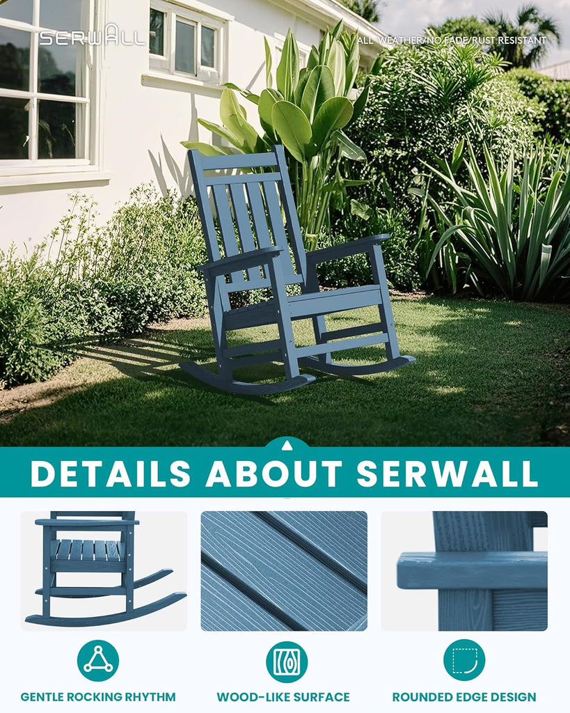 Outdoor Rocking Chair Set of 2, HDPE Rocker for Adults, Blue | 21.1" Widened Seat adds Extra Comfort, Oversized