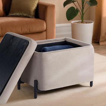 Connor 24" Small Storage Ottoman, Modern Boho, Matte Black Metal Legs, Velvet Fabric, Taupe