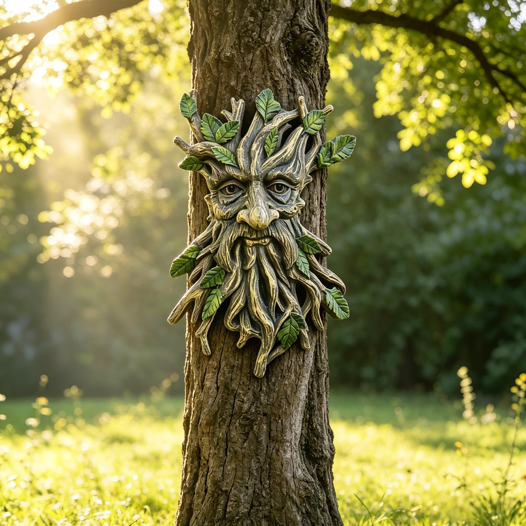 Whimsical Tree Face Garden Decoration, Tree Faces Decor Outdoor Wallmounted Statue Art with Leaf Features, Outdoor